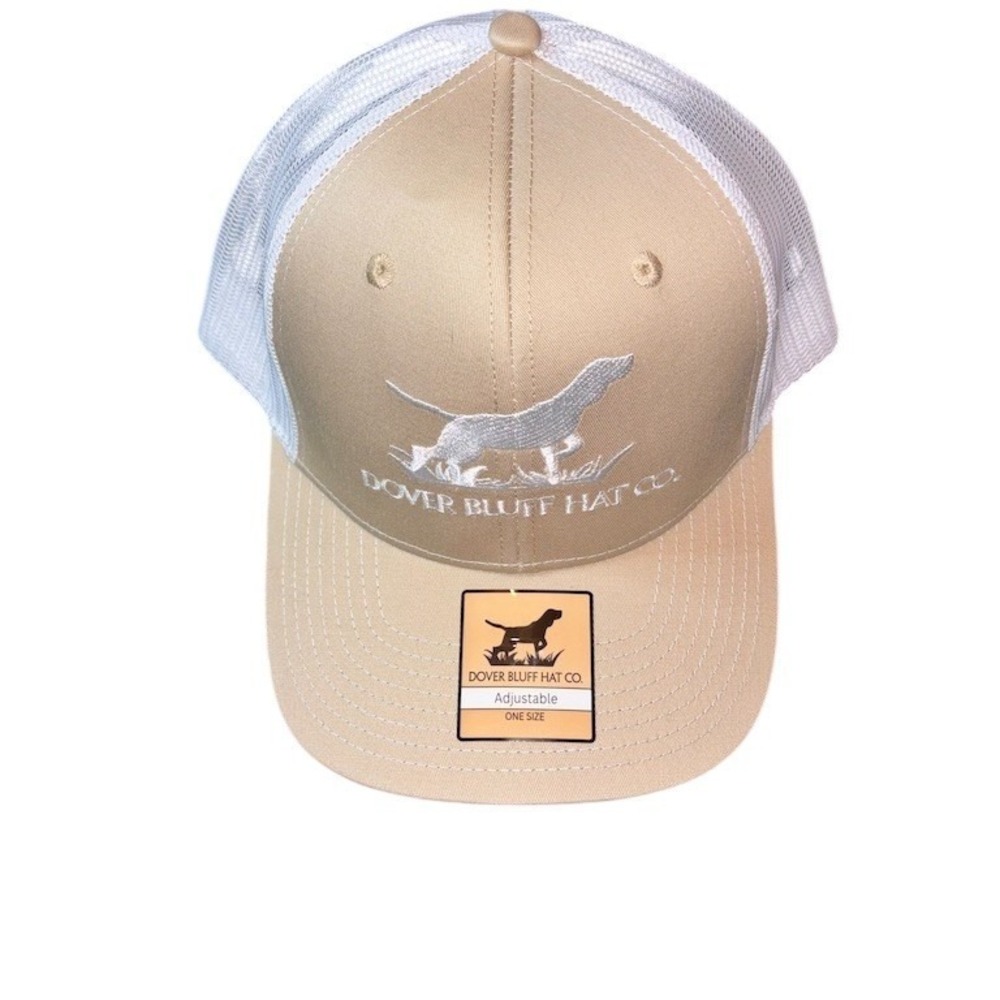 Dover Bluff Hat Co Trucker Hat OS Tan White Mesh Snapback Bird Dog Logo pointer